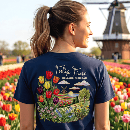 Michigan Flowers (Tulip Time Edition) in Watercolored Oak Back Print T-Shirt Navy / S