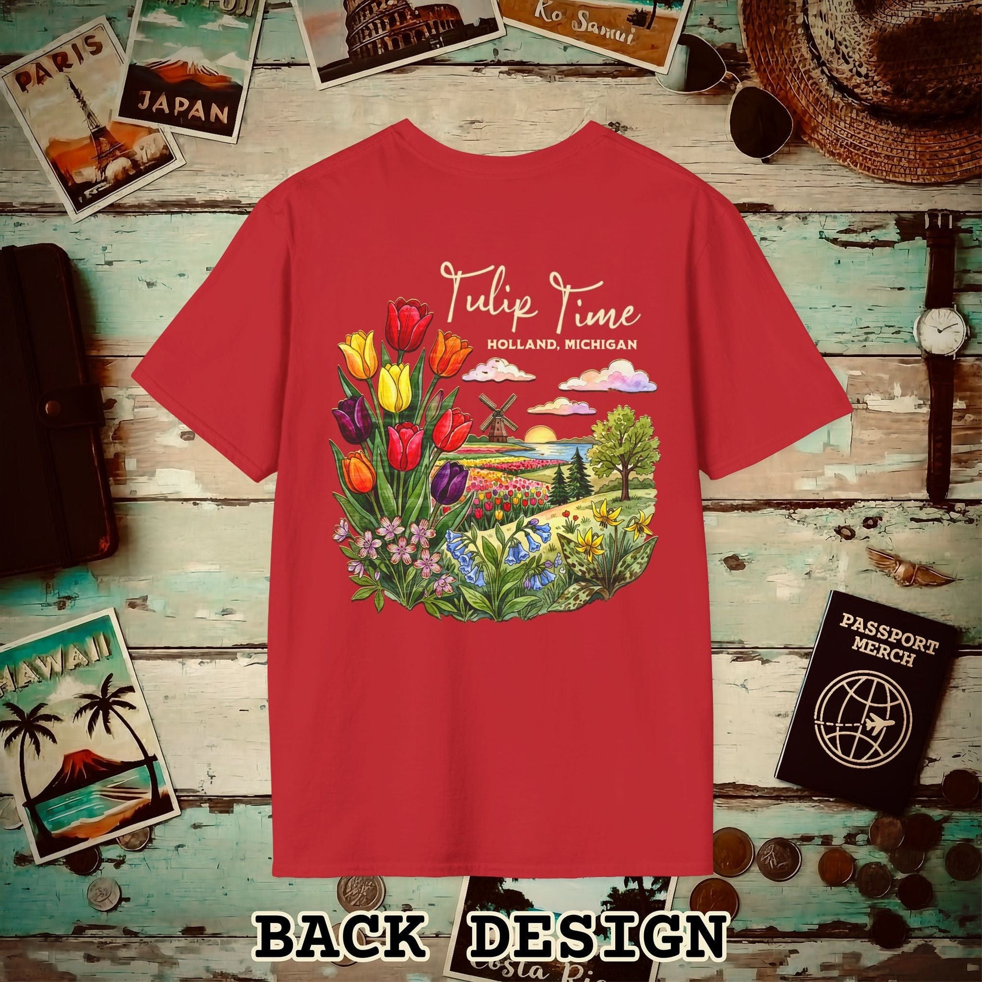 Michigan Flowers (Tulip Time Edition) in Watercolored Oak Back Print T-Shirt Red / S
