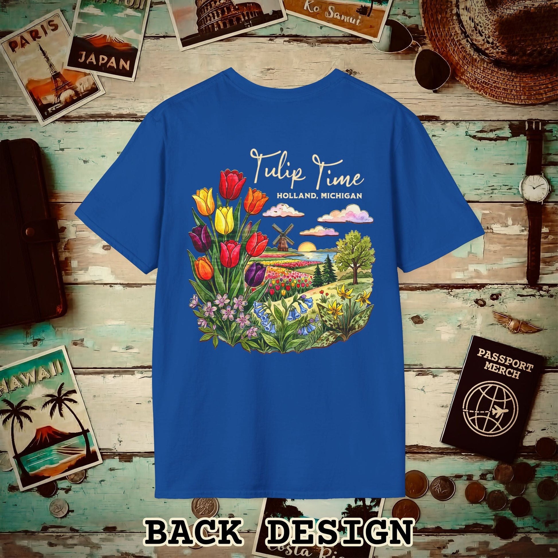 Michigan Flowers (Tulip Time Edition) in Watercolored Oak Back Print T-Shirt Royal / S