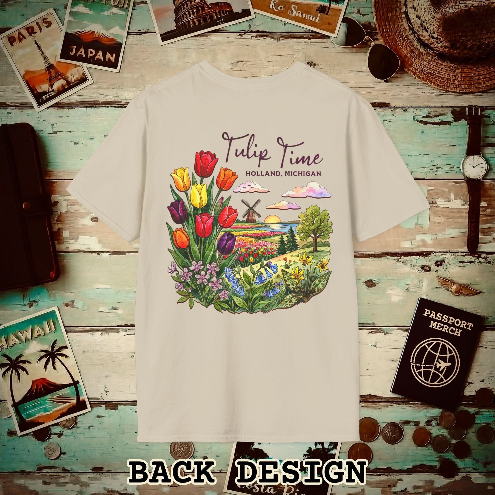 Michigan Flowers (Tulip Time Edition) in Watercolored Oak Back Print T-Shirt Sand / S
