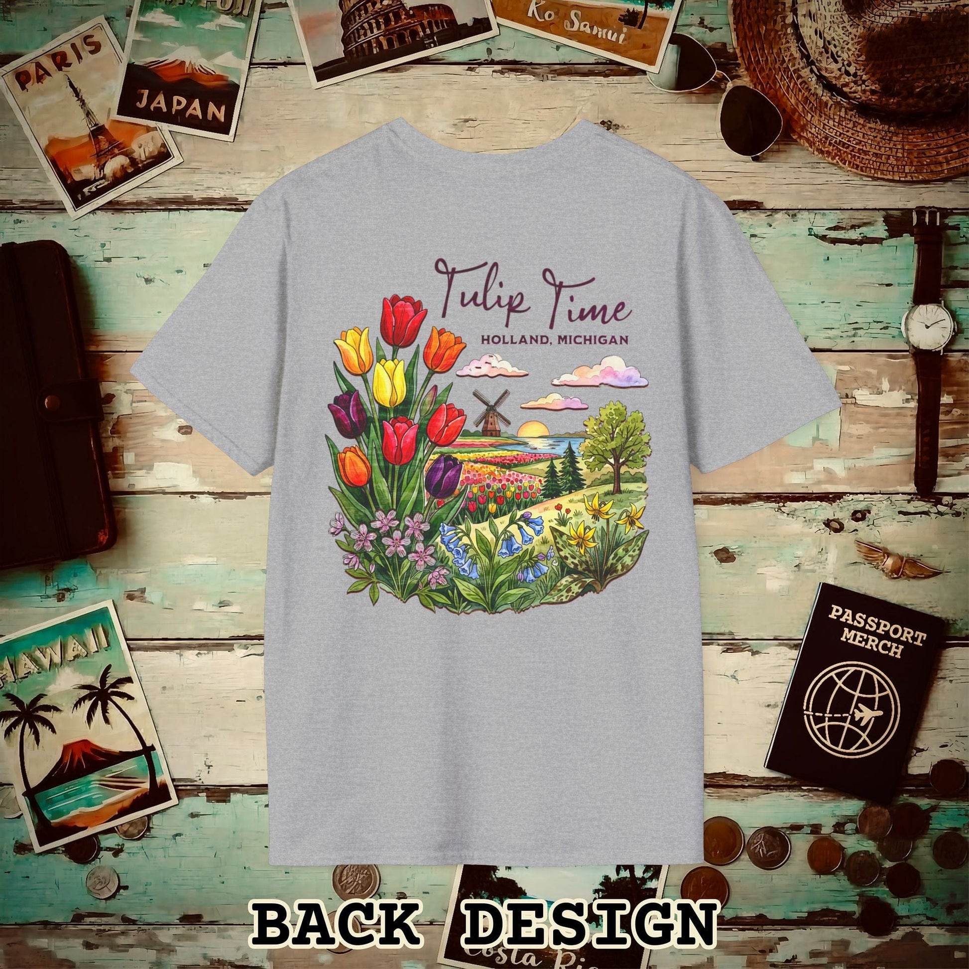 Michigan Flowers (Tulip Time Edition) in Watercolored Oak Back Print T-Shirt Sport Grey / S
