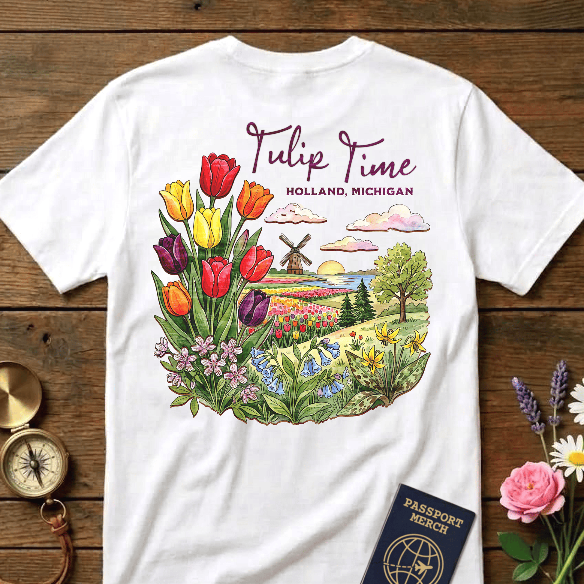 Michigan Flowers (Tulip Time Edition) in Watercolored Oak Back Print T-Shirt White / S