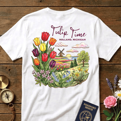 Michigan Flowers (Tulip Time Edition) in Watercolored Oak Back Print T-Shirt White / S