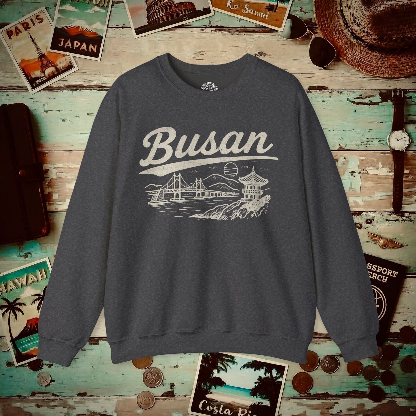 Monochrome Dreams of Busan Korea Crewneck Dark Heather / S