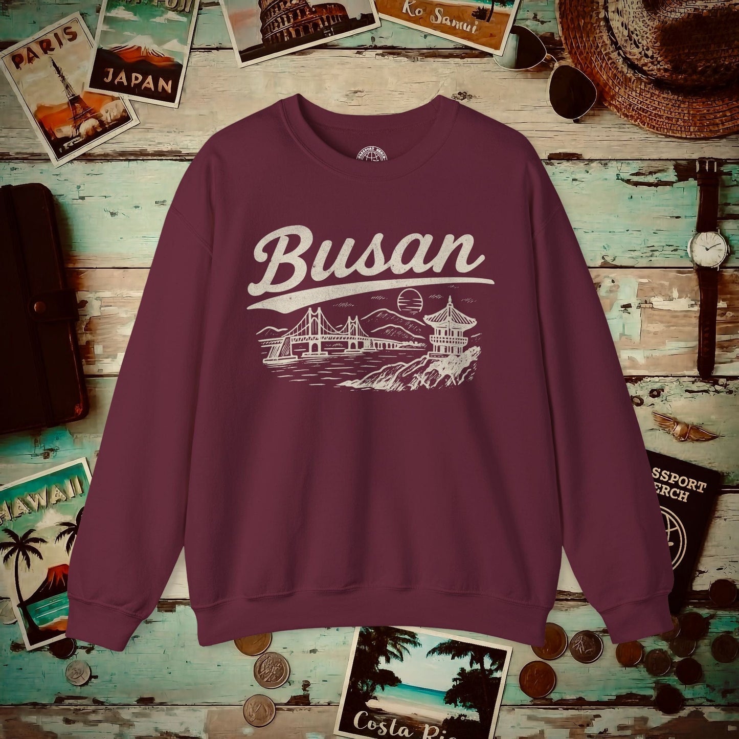 Monochrome Dreams of Busan Korea Crewneck Maroon / S