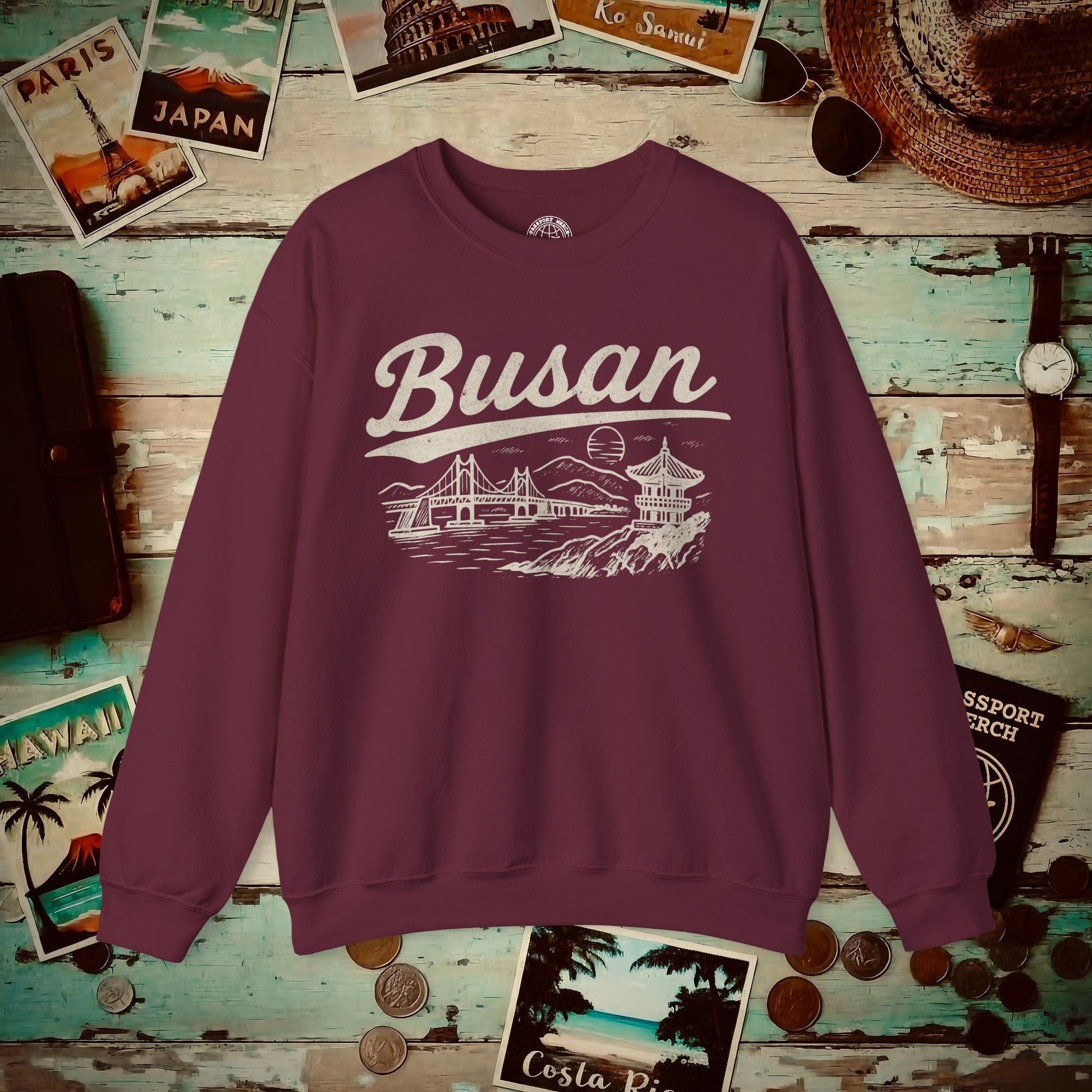Monochrome Dreams of Busan Korea Crewneck Maroon / S