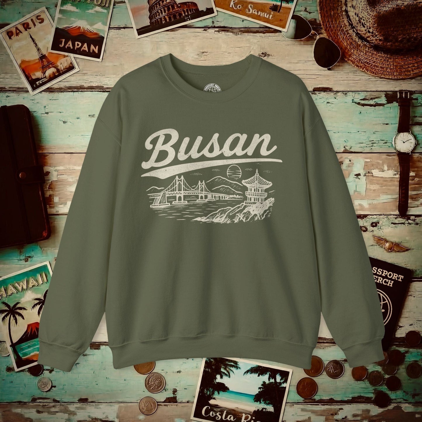Monochrome Dreams of Busan Korea Crewneck Military Green / S