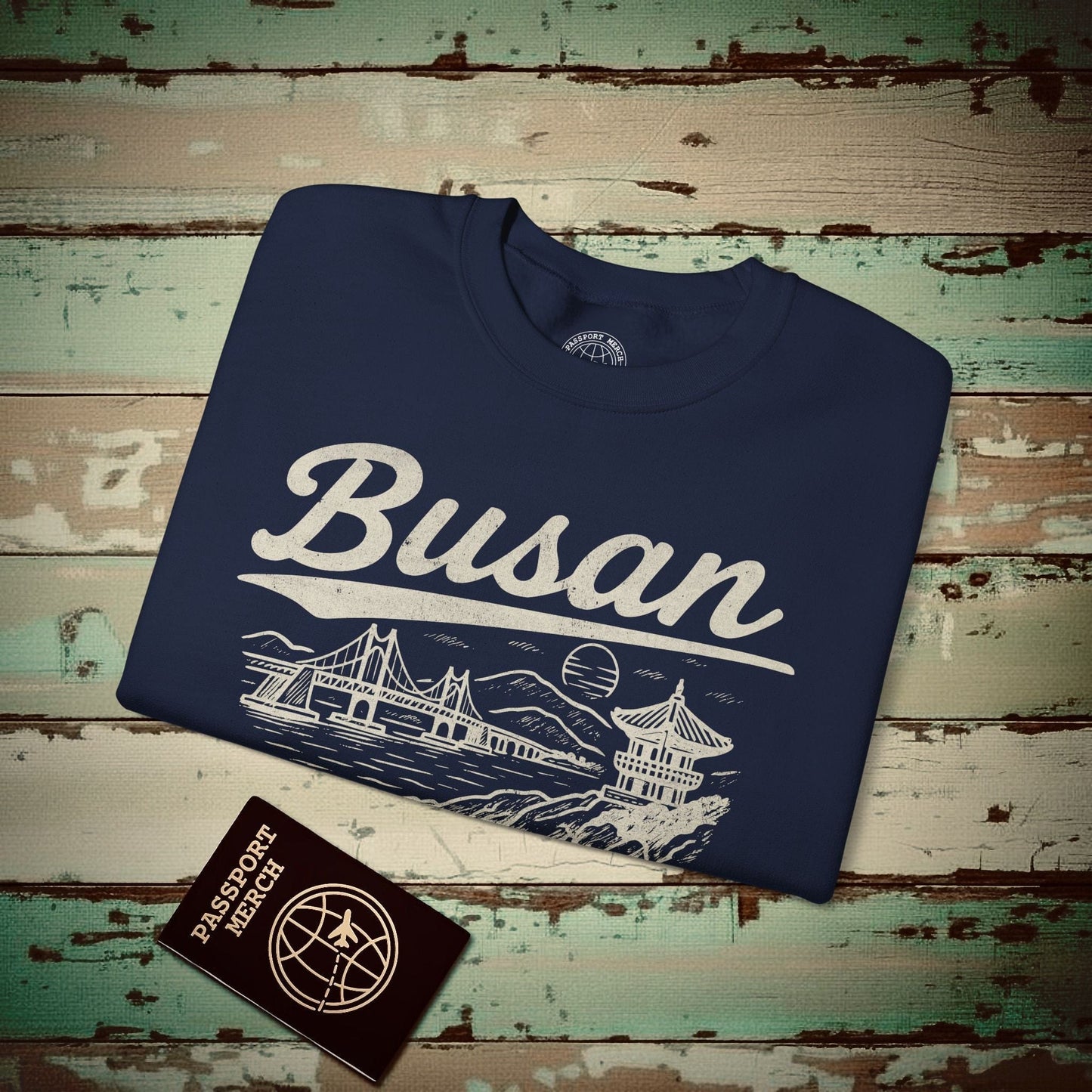 Monochrome Dreams of Busan Korea Crewneck Navy / S