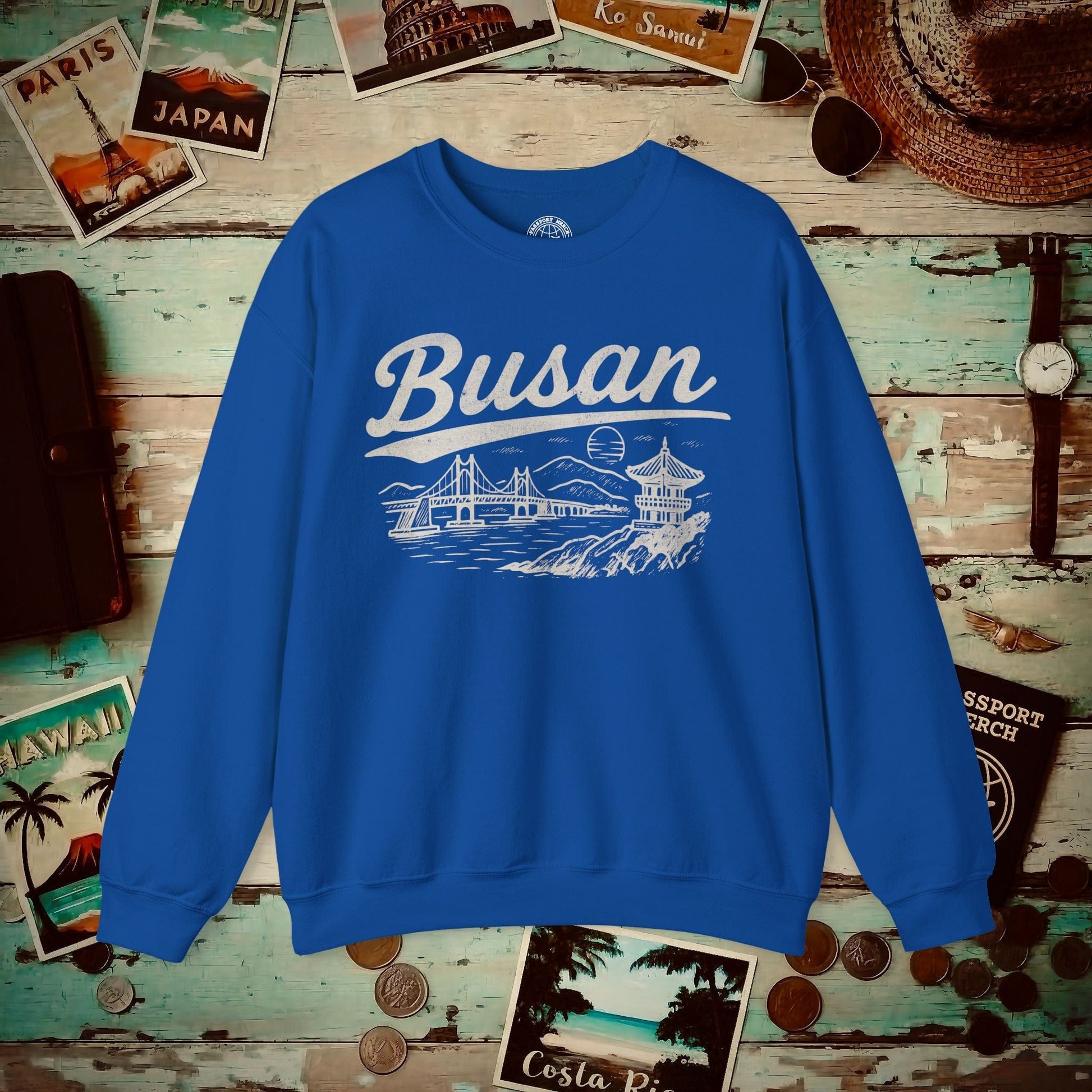 Monochrome Dreams of Busan Korea Crewneck Royal / S
