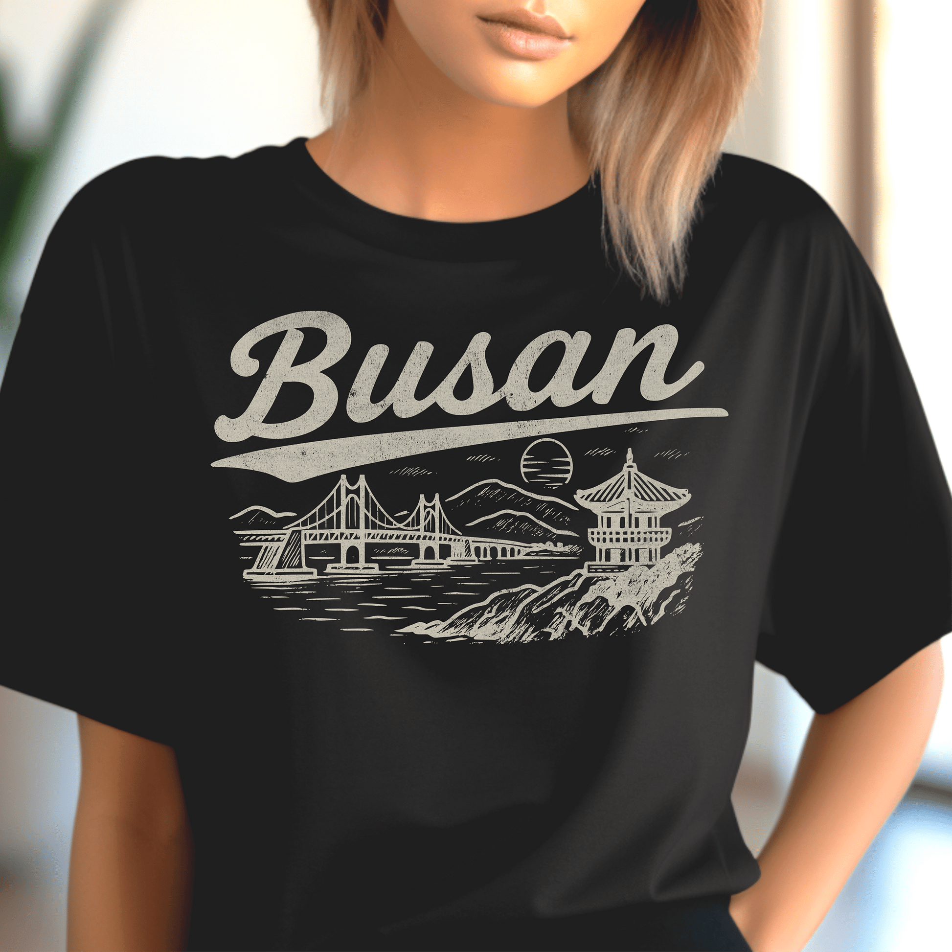 Monochrome Dreams of Busan Korea T-Shirt Black / S
