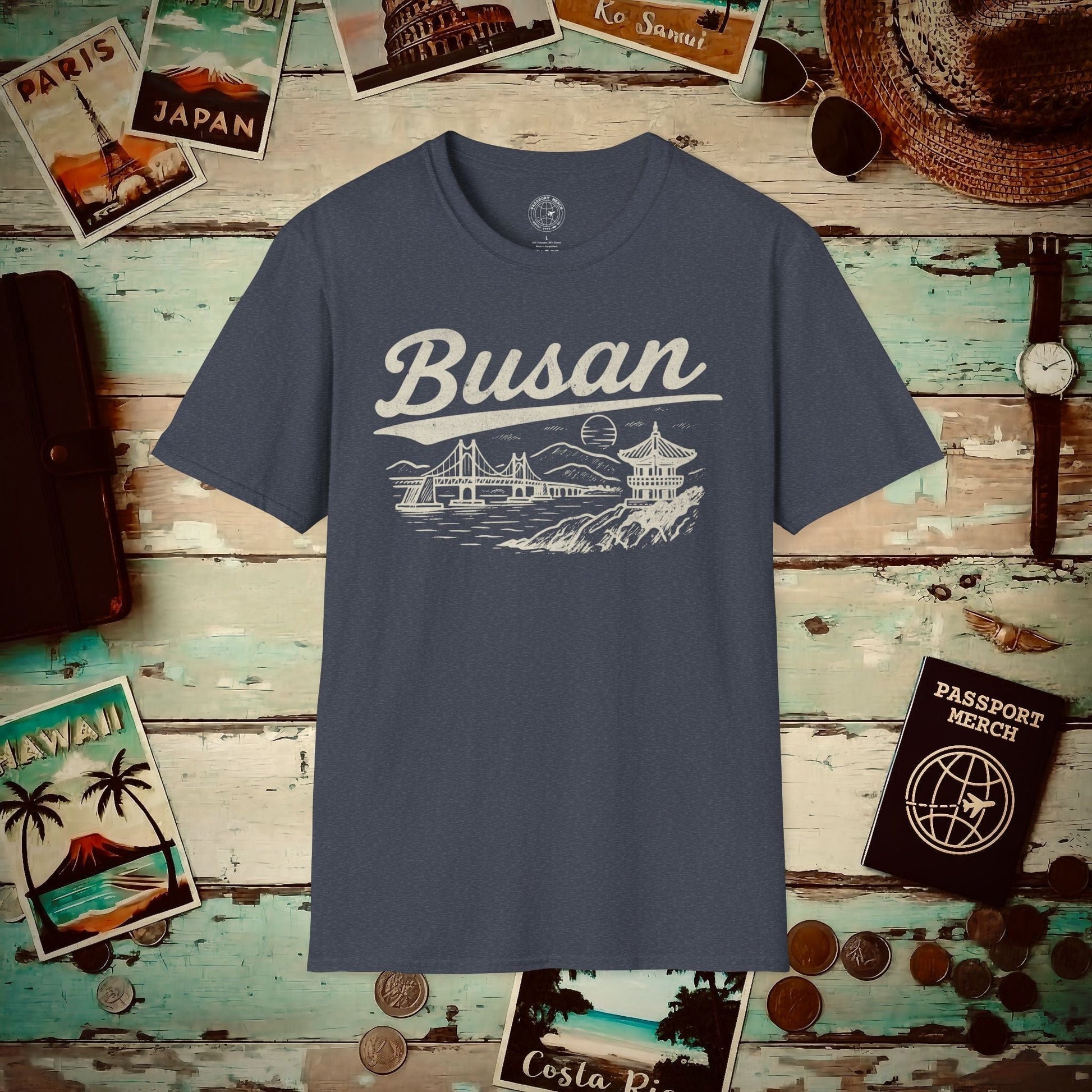 Monochrome Dreams of Busan Korea T-Shirt Heather Navy / S