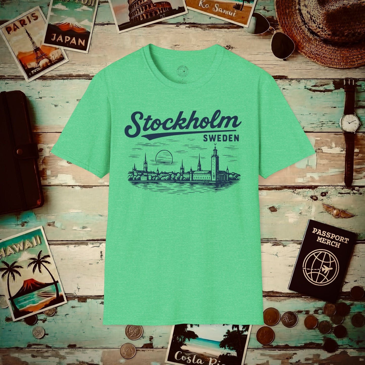 Monochrome Dreams of Stockholm, Sweden T-Shirt Heather Irish Green / S