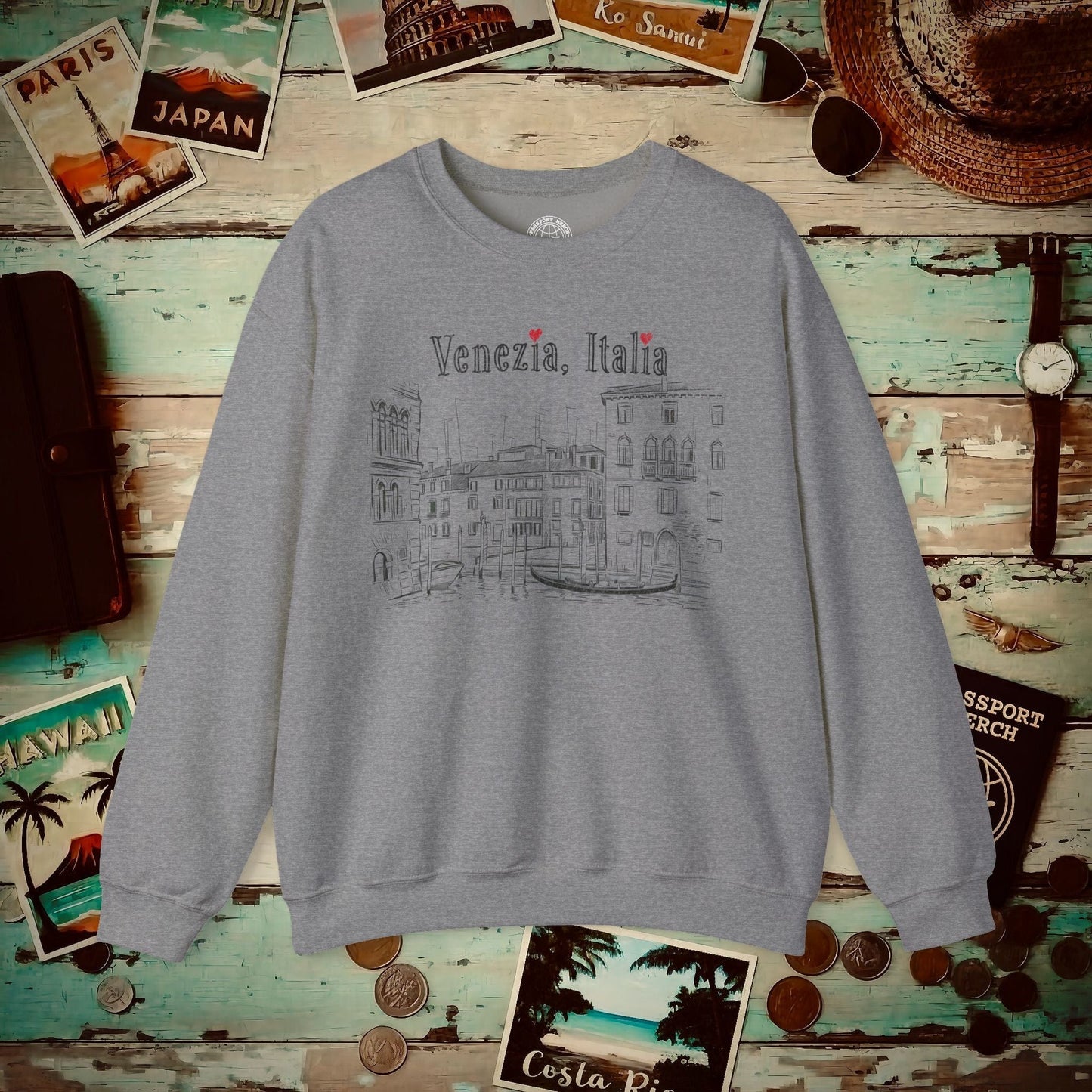 Monochrome Dreams of Venice Italy Crewneck Graphite Heather / S