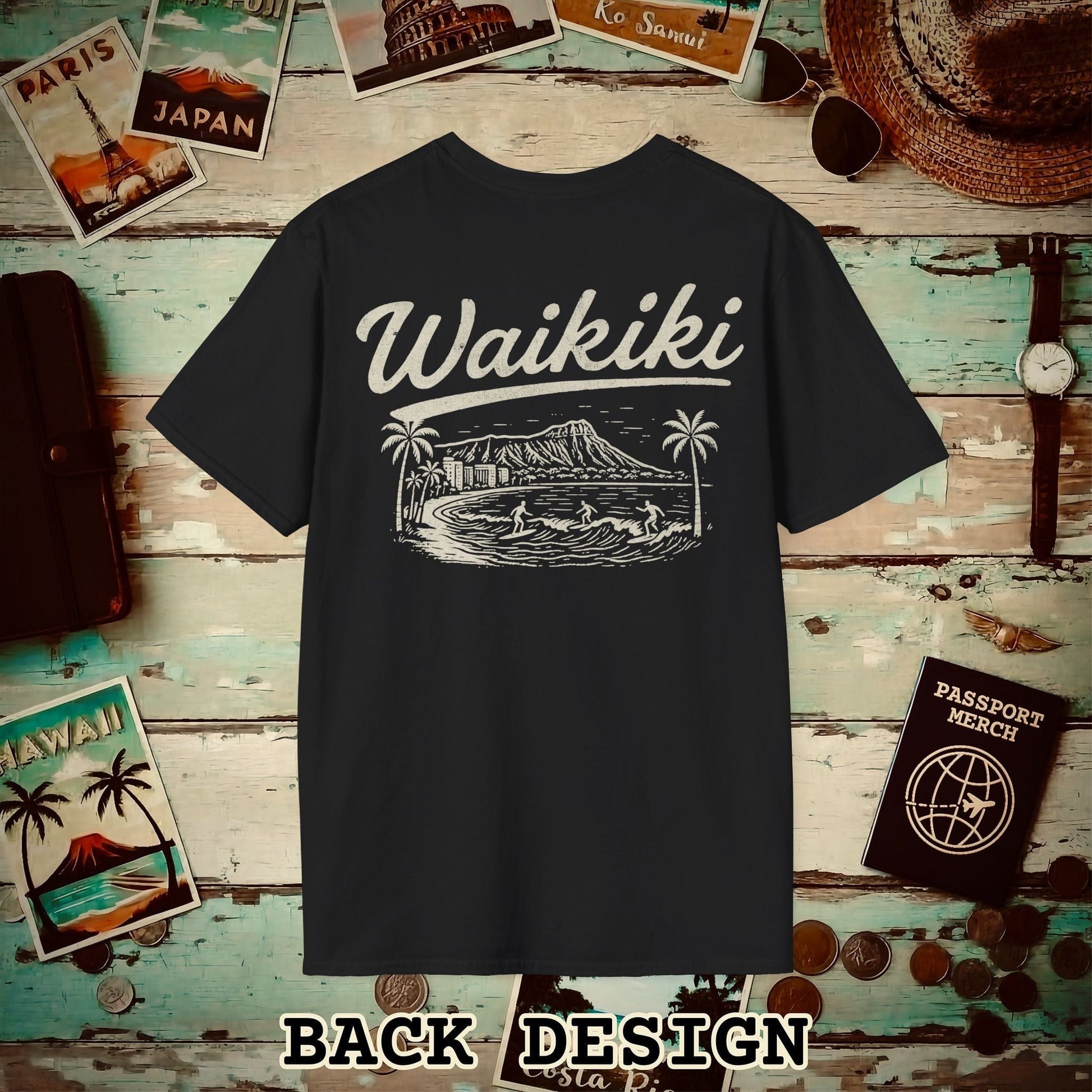 Monochrome Dreams of Waikiki, Hawaii Back Print T-Shirt Black / S