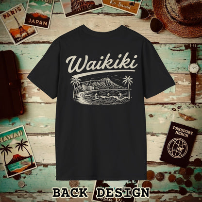 Monochrome Dreams of Waikiki, Hawaii Back Print T-Shirt Black / S