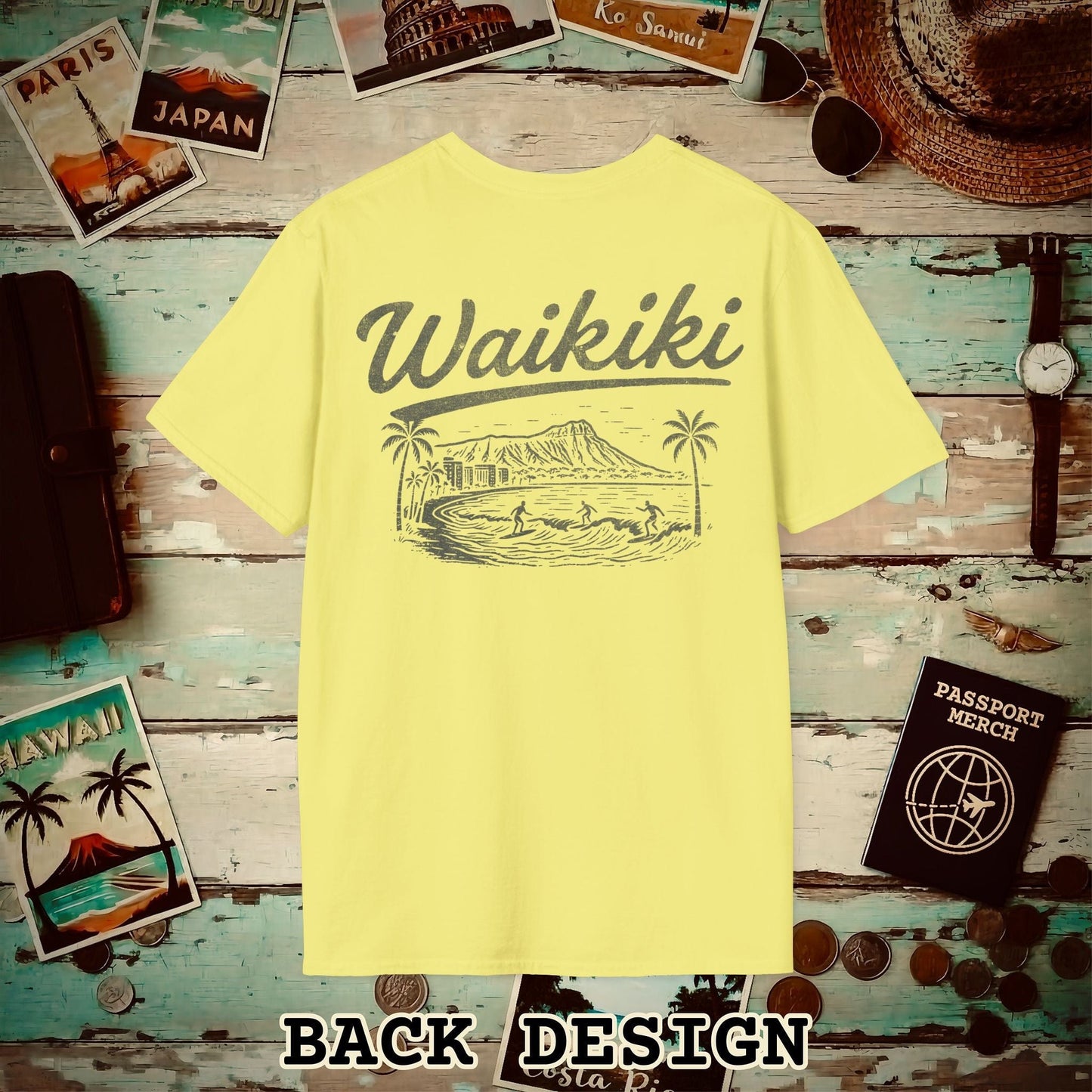 Monochrome Dreams of Waikiki, Hawaii Back Print T-Shirt Cornsilk / S