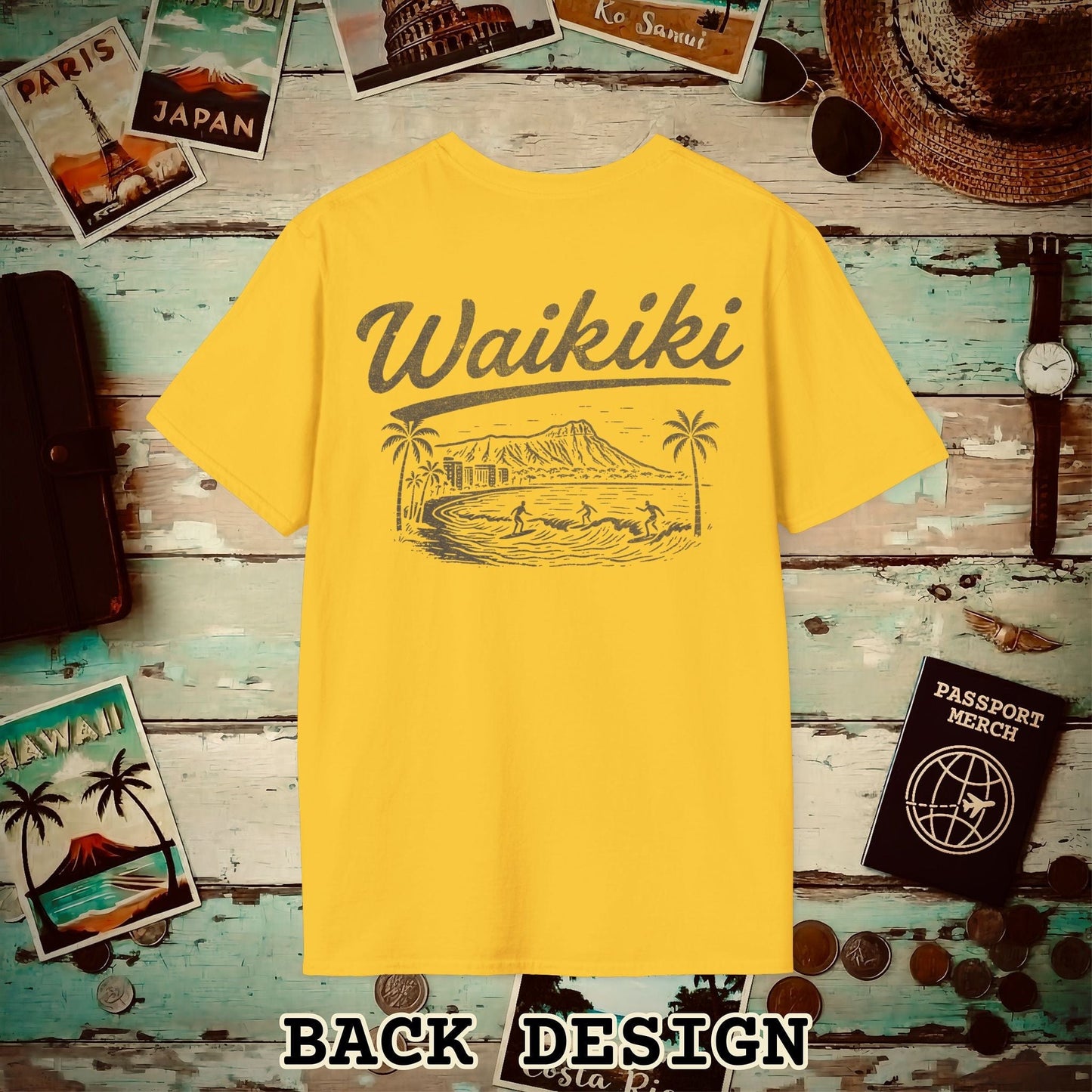 Monochrome Dreams of Waikiki, Hawaii Back Print T-Shirt Daisy / S