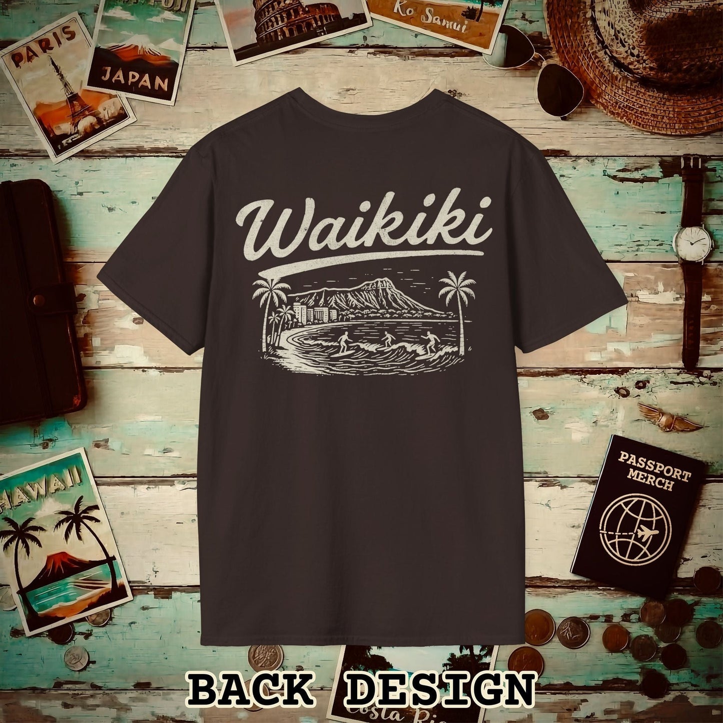 Monochrome Dreams of Waikiki, Hawaii Back Print T-Shirt Dark Chocolate / S