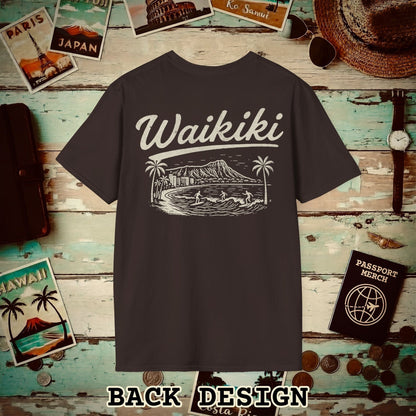Monochrome Dreams of Waikiki, Hawaii Back Print T-Shirt Dark Chocolate / S