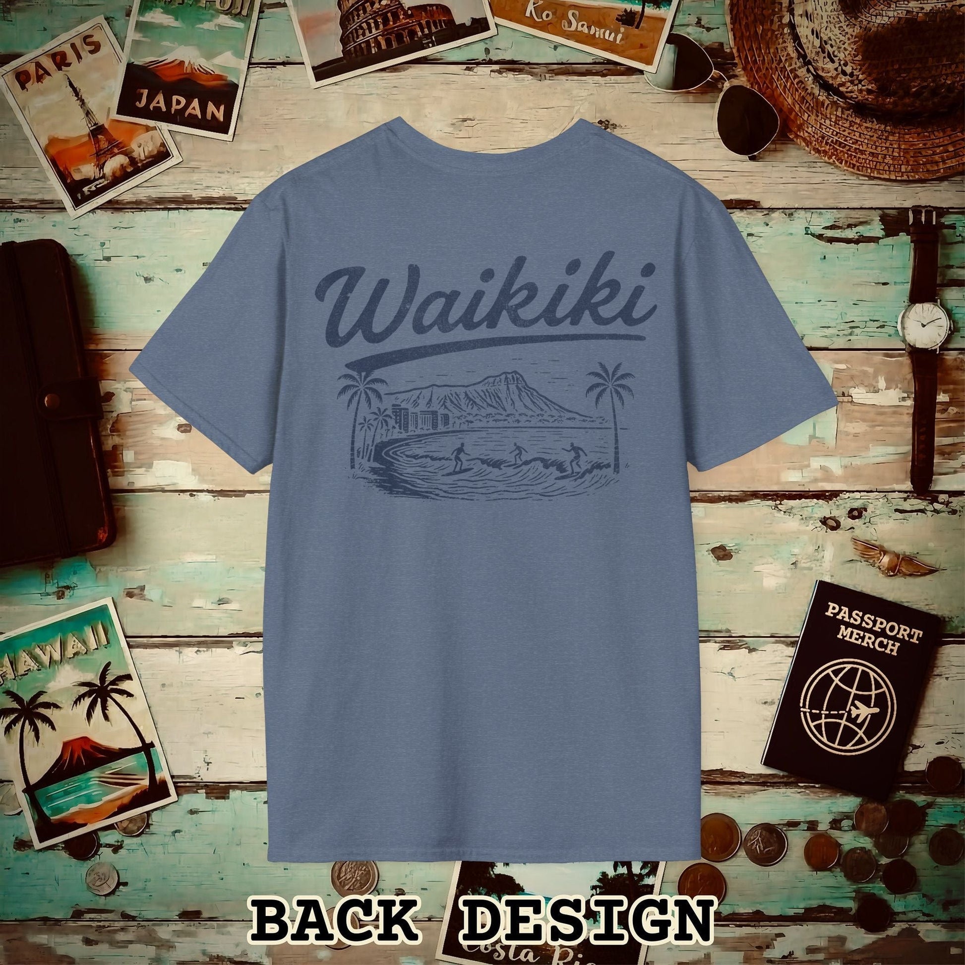 Monochrome Dreams of Waikiki, Hawaii Back Print T-Shirt Heather Indigo / S
