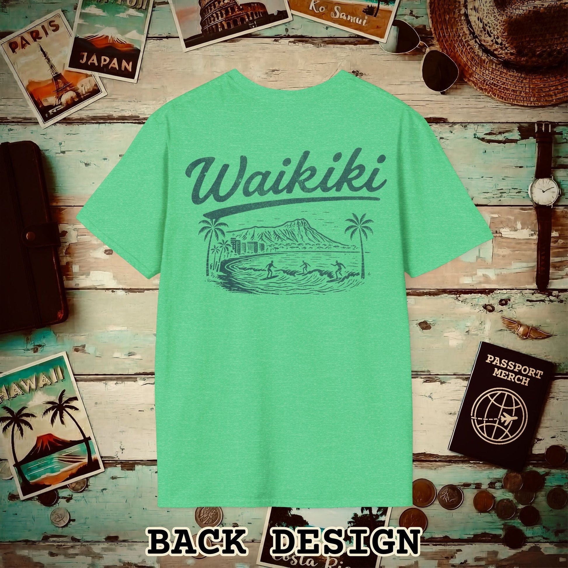 Monochrome Dreams of Waikiki, Hawaii Back Print T-Shirt Heather Irish Green / S