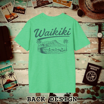 Monochrome Dreams of Waikiki, Hawaii Back Print T-Shirt Heather Irish Green / S