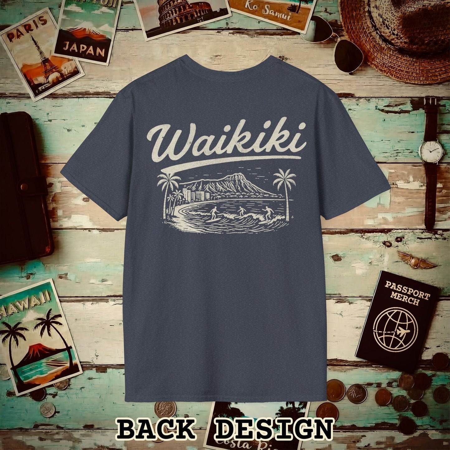 Monochrome Dreams of Waikiki, Hawaii Back Print T-Shirt Heather Navy / S