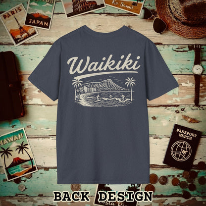 Monochrome Dreams of Waikiki, Hawaii Back Print T-Shirt Heather Navy / S