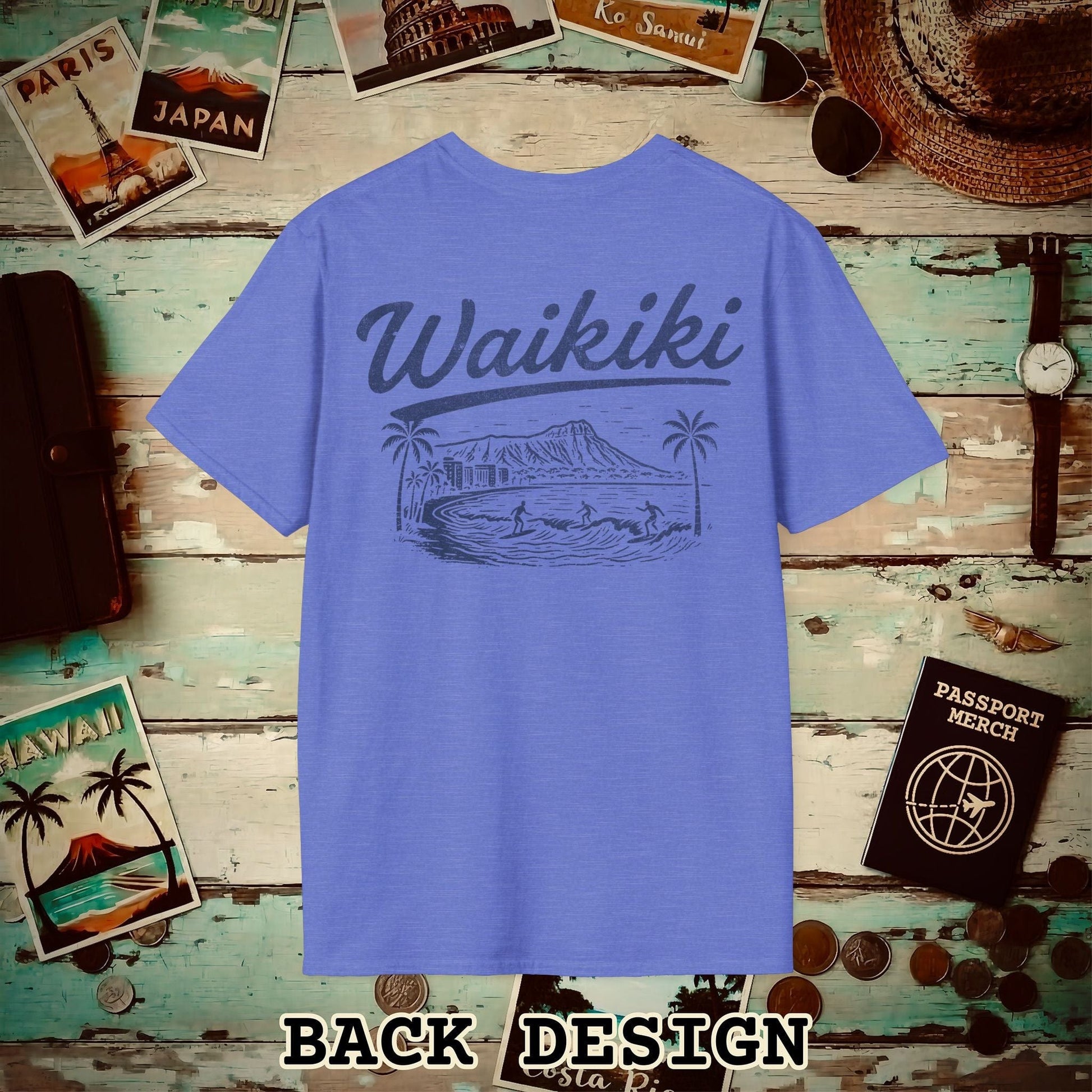 Monochrome Dreams of Waikiki, Hawaii Back Print T-Shirt Heather Royal / S
