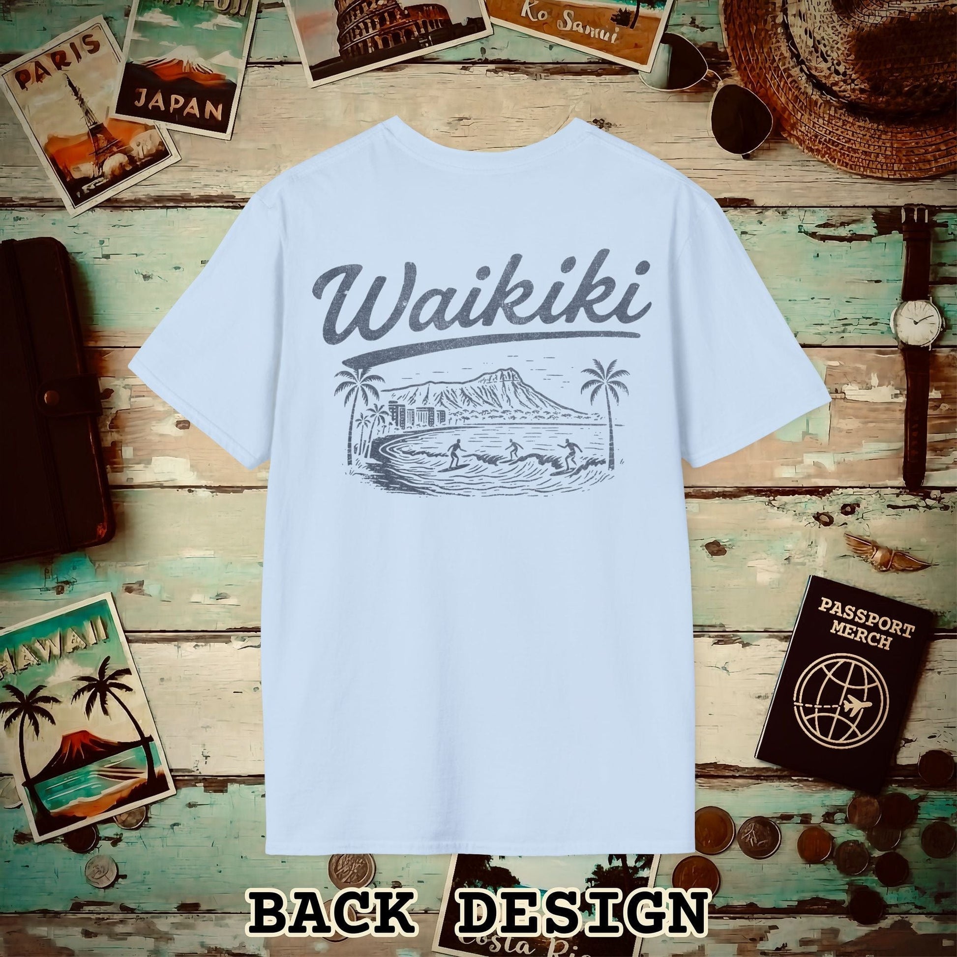 Monochrome Dreams of Waikiki, Hawaii Back Print T-Shirt Light Blue / S