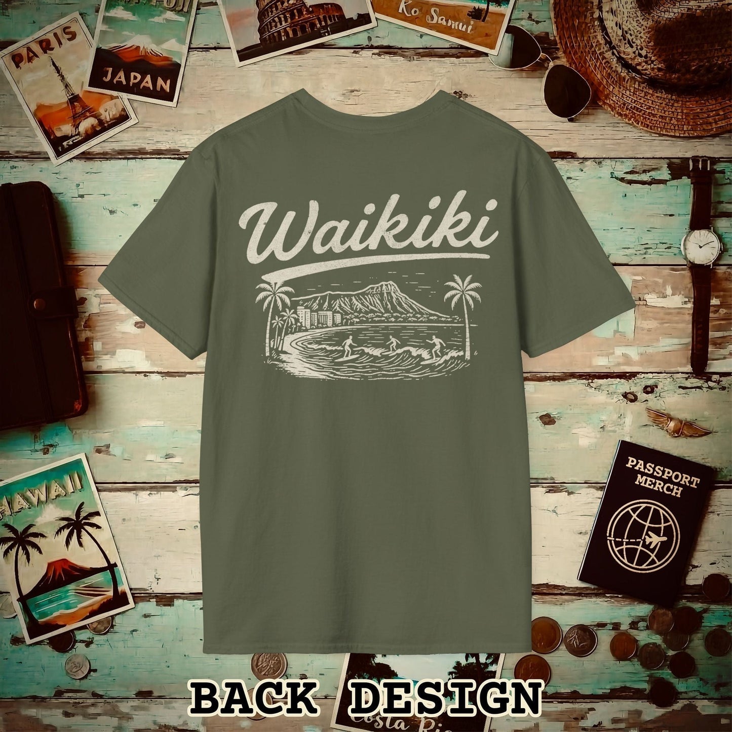 Monochrome Dreams of Waikiki, Hawaii Back Print T-Shirt Military Green / S