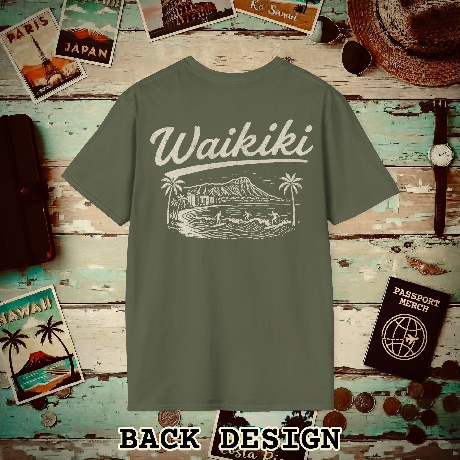 Monochrome Dreams of Waikiki, Hawaii Back Print T-Shirt Military Green / S