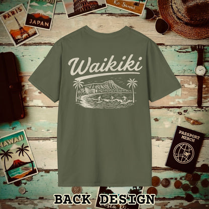 Monochrome Dreams of Waikiki, Hawaii Back Print T-Shirt Military Green / S