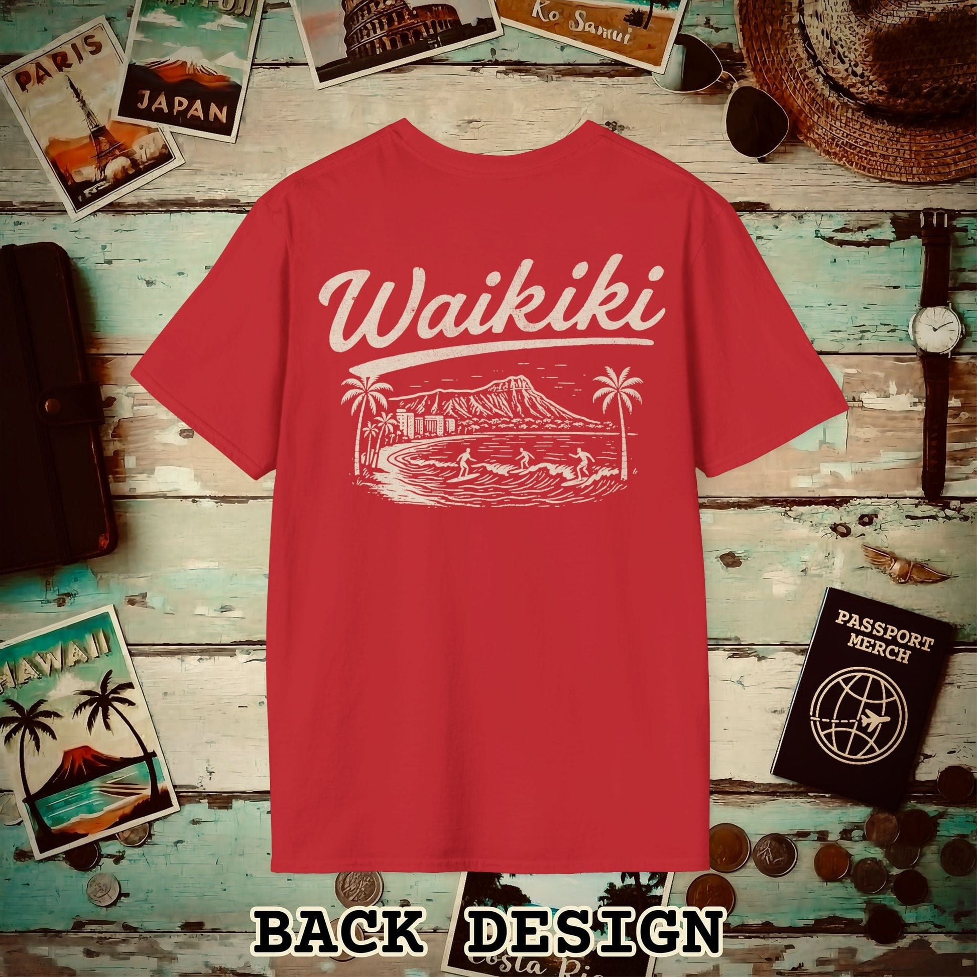 Monochrome Dreams of Waikiki, Hawaii Back Print T-Shirt Red / S