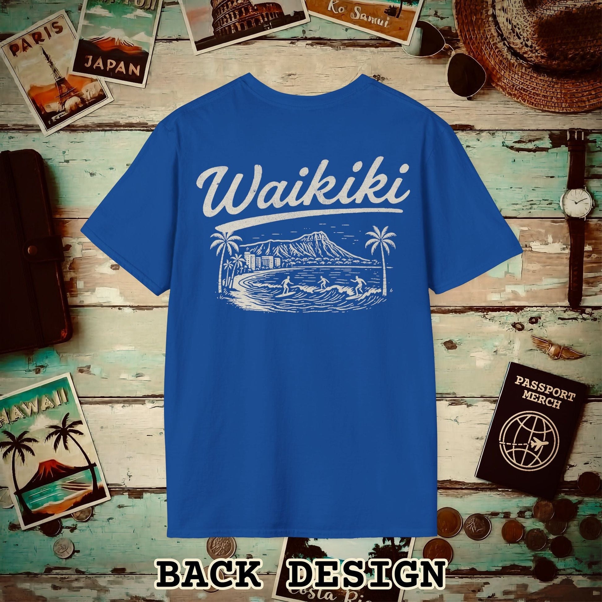 Monochrome Dreams of Waikiki, Hawaii Back Print T-Shirt Royal / S