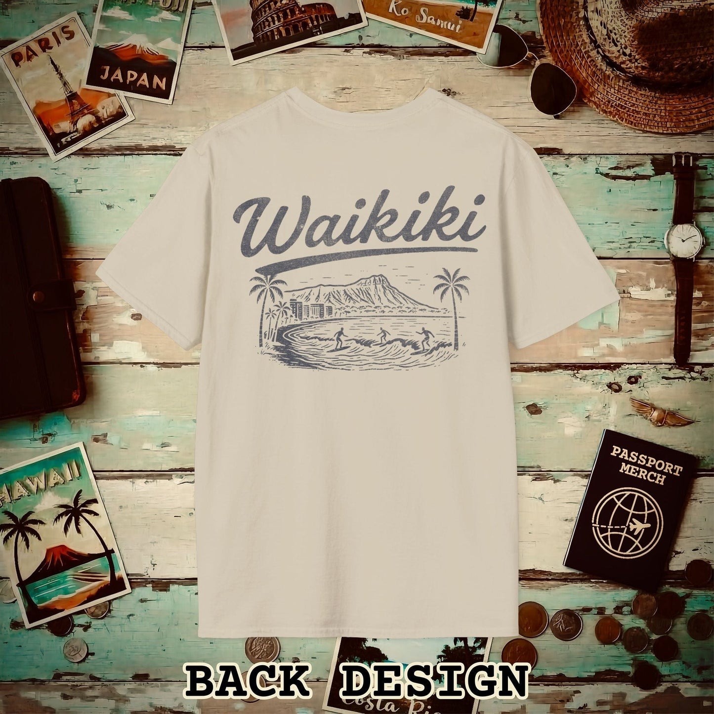 Monochrome Dreams of Waikiki, Hawaii Back Print T-Shirt Sand / S