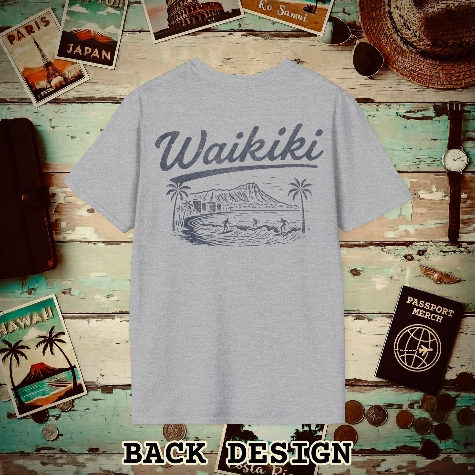 Monochrome Dreams of Waikiki, Hawaii Back Print T-Shirt Sport Grey / S