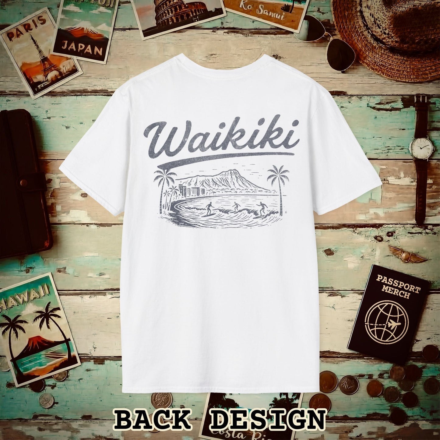 Monochrome Dreams of Waikiki, Hawaii Back Print T-Shirt White / S