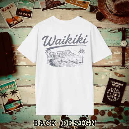 Monochrome Dreams of Waikiki, Hawaii Back Print T-Shirt White / S