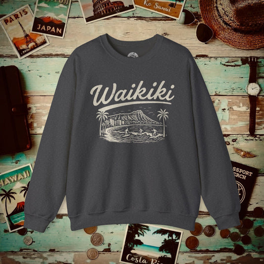 Monochrome Dreams of Waikiki, Hawaii Crewneck Dark Heather / S