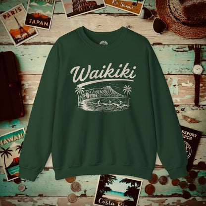 Monochrome Dreams of Waikiki, Hawaii Crewneck Forest Green / S