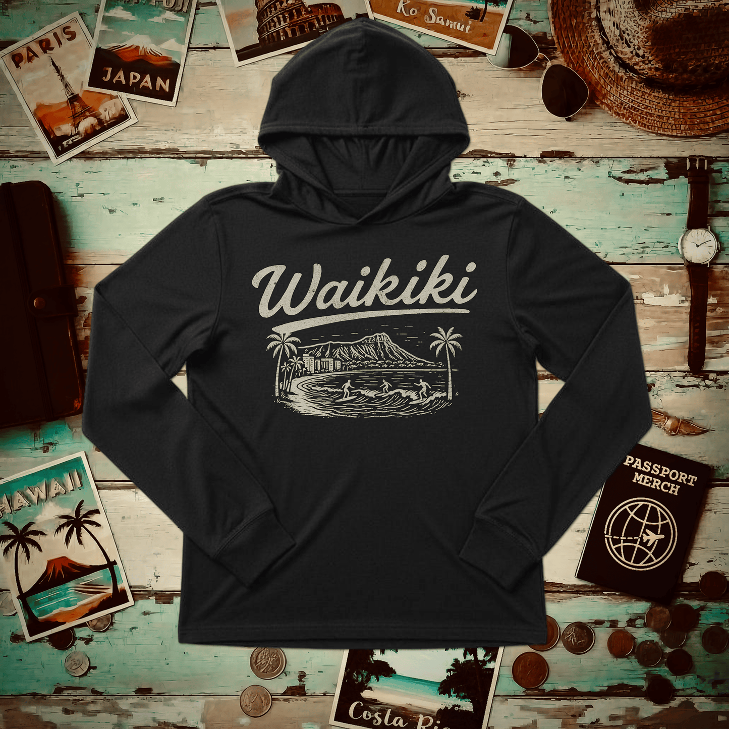 Monochrome Dreams of Waikiki, Hawaii Hooded Long Sleeve Black / S