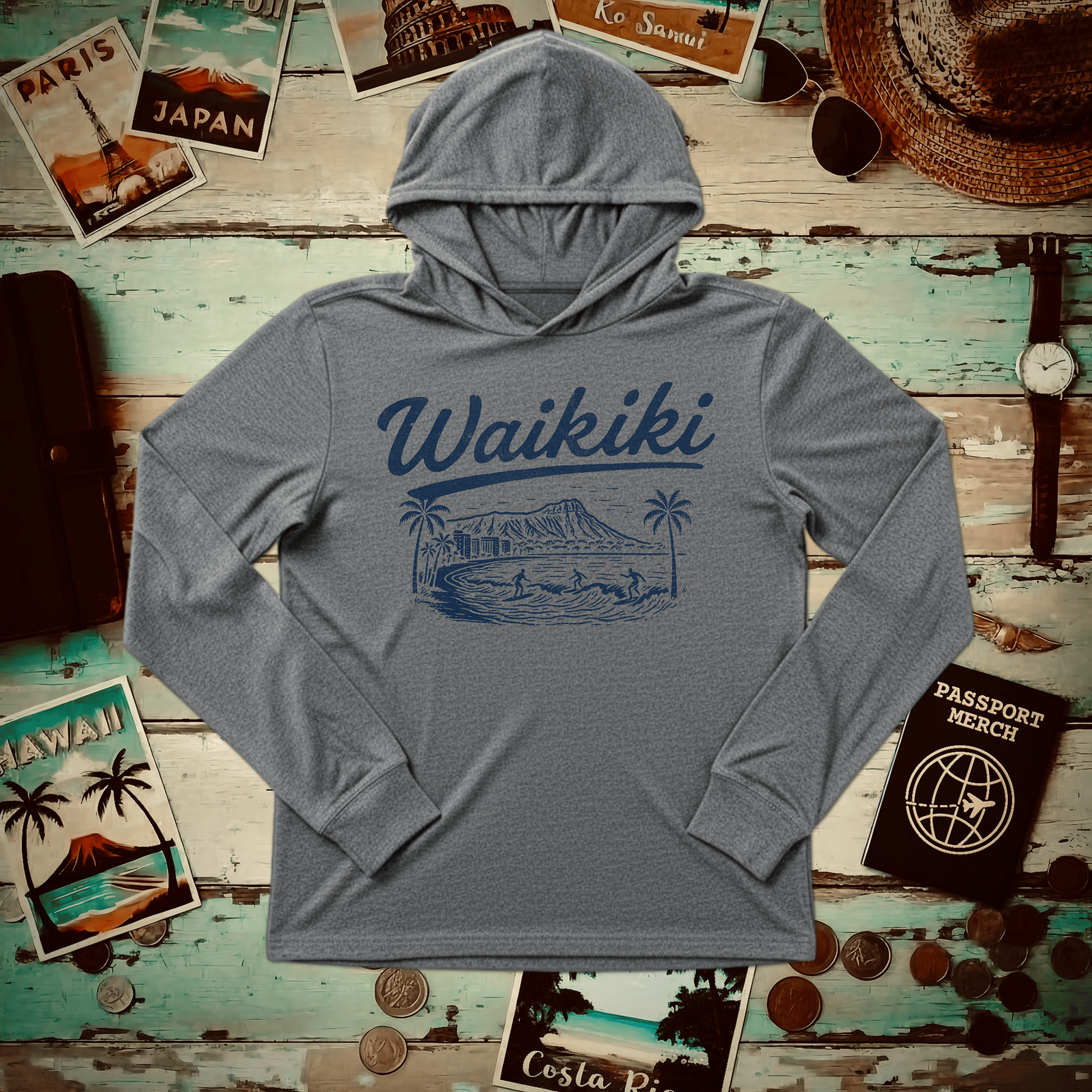 Monochrome Dreams of Waikiki, Hawaii Hooded Long Sleeve Grey TriBlend / XS