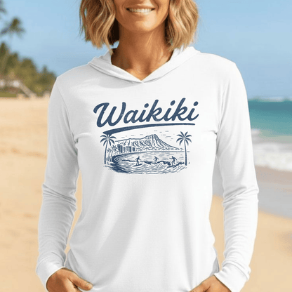 Monochrome Dreams of Waikiki, Hawaii Hooded Long Sleeve White / XS