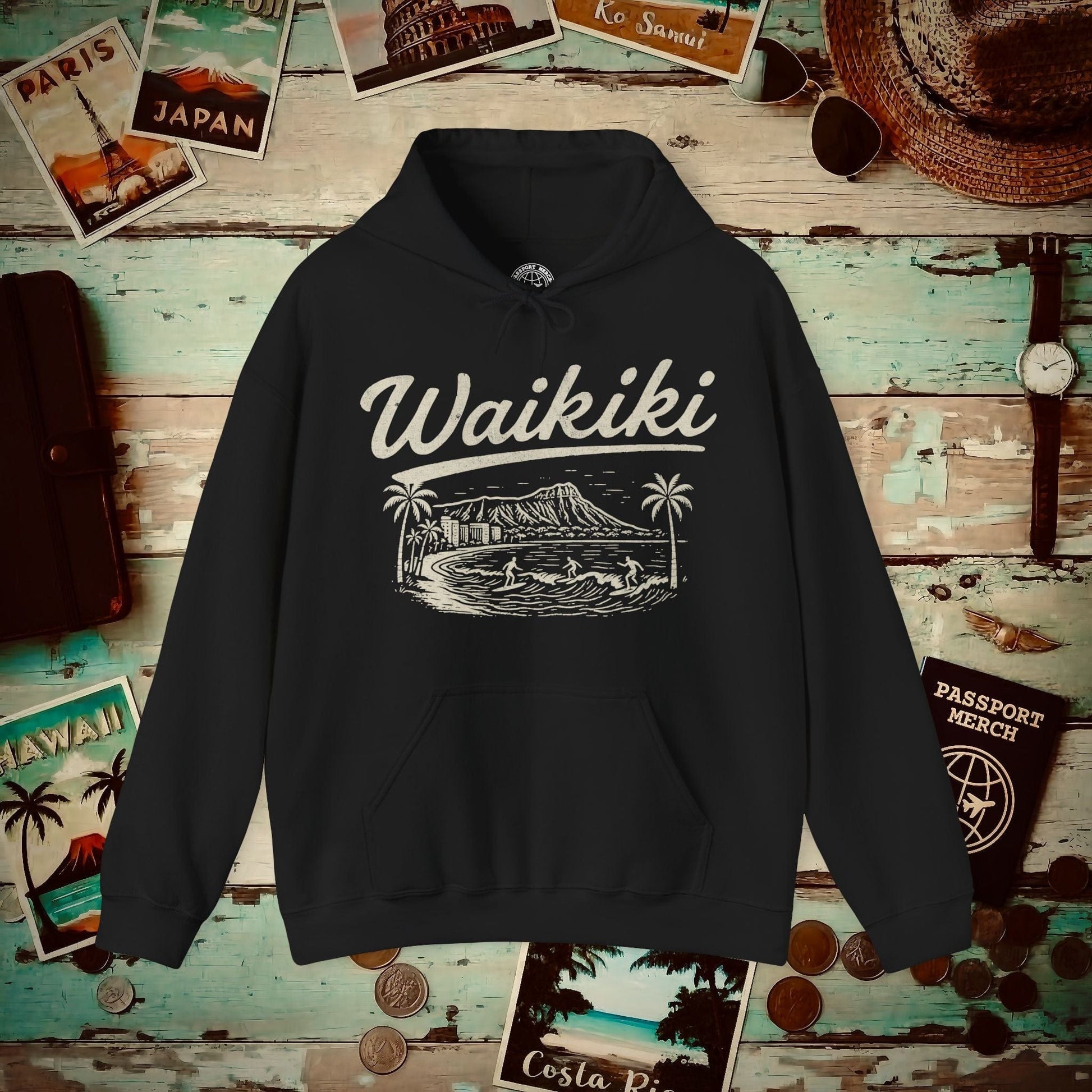 Monochrome Dreams of Waikiki, Hawaii Hoodie Black / S