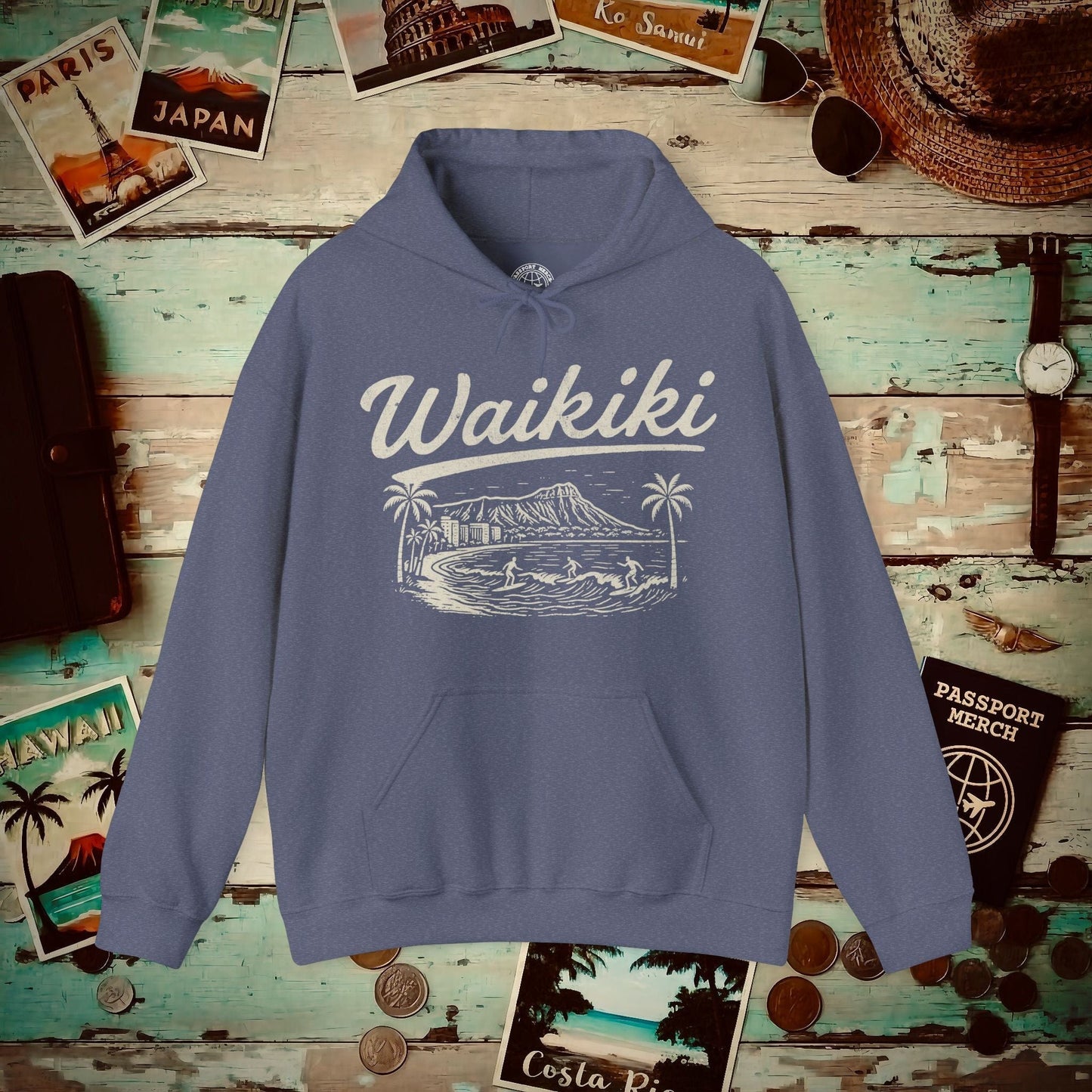 Monochrome Dreams of Waikiki, Hawaii Hoodie Heather Navy / S