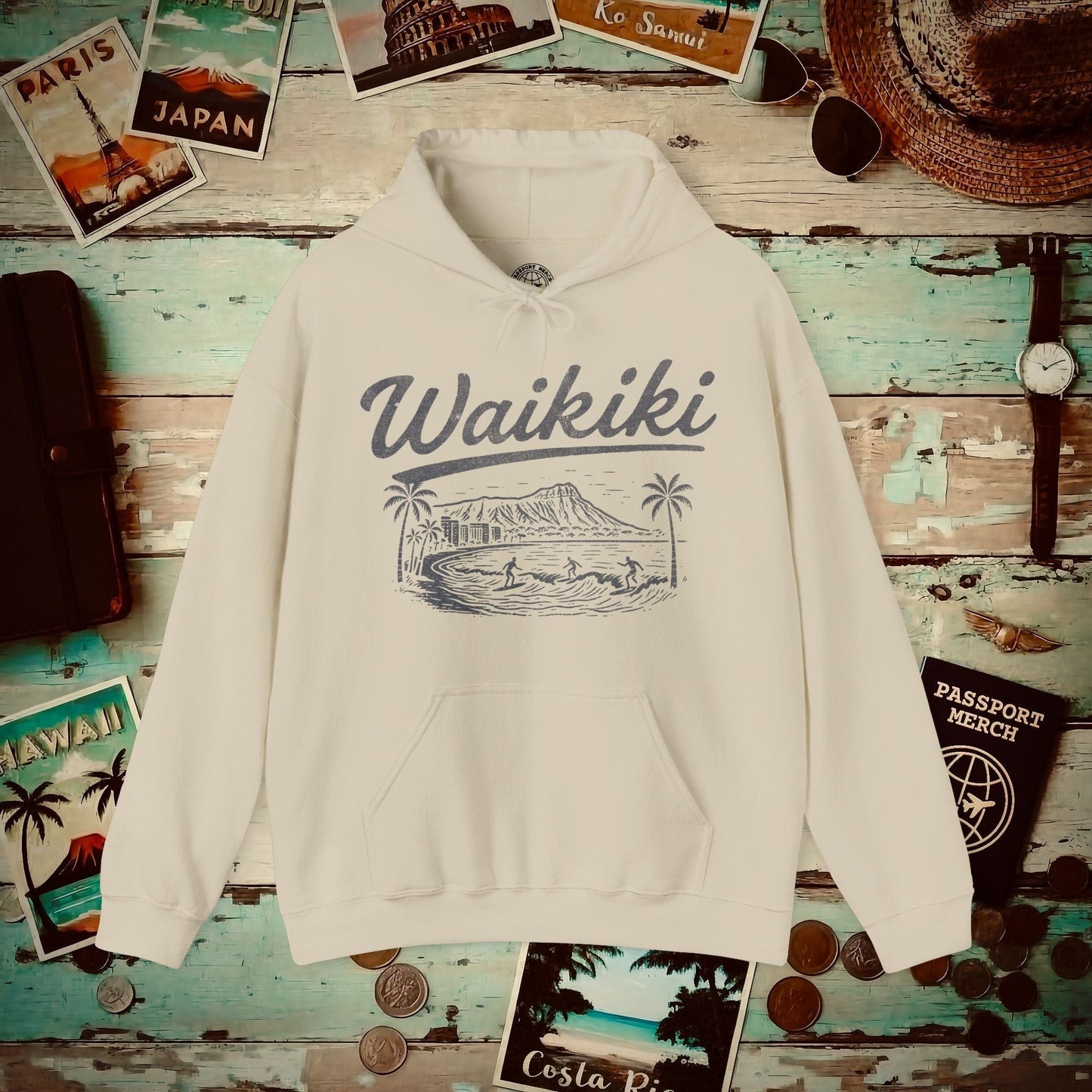 Monochrome Dreams of Waikiki, Hawaii Hoodie Sand / S