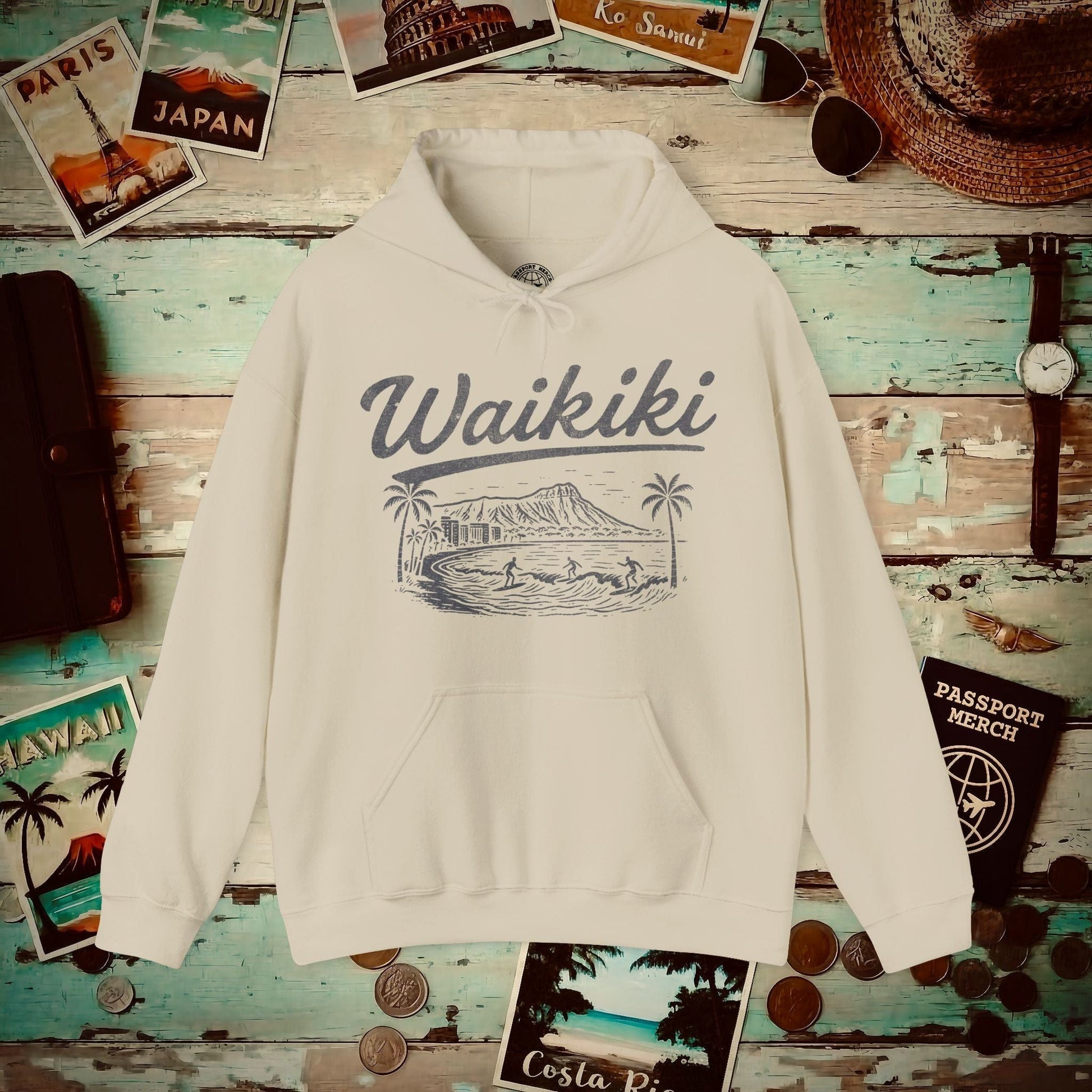 Monochrome Dreams of Waikiki, Hawaii Hoodie Sand / S