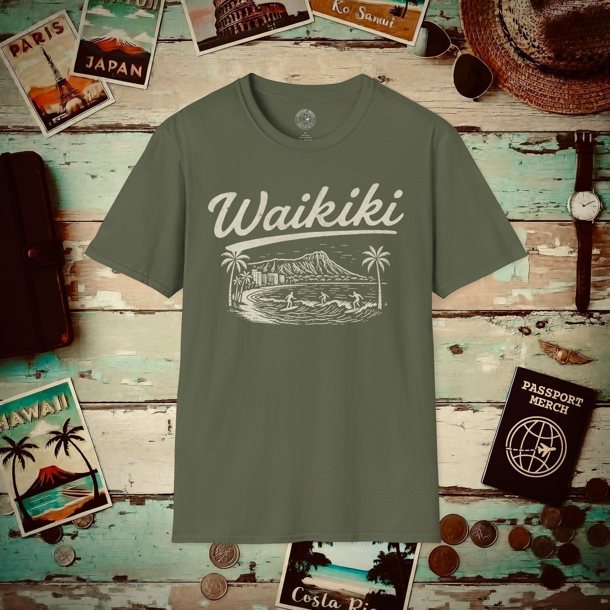 Monochrome Dreams of Waikiki, Hawaii T-Shirt Military Green / S