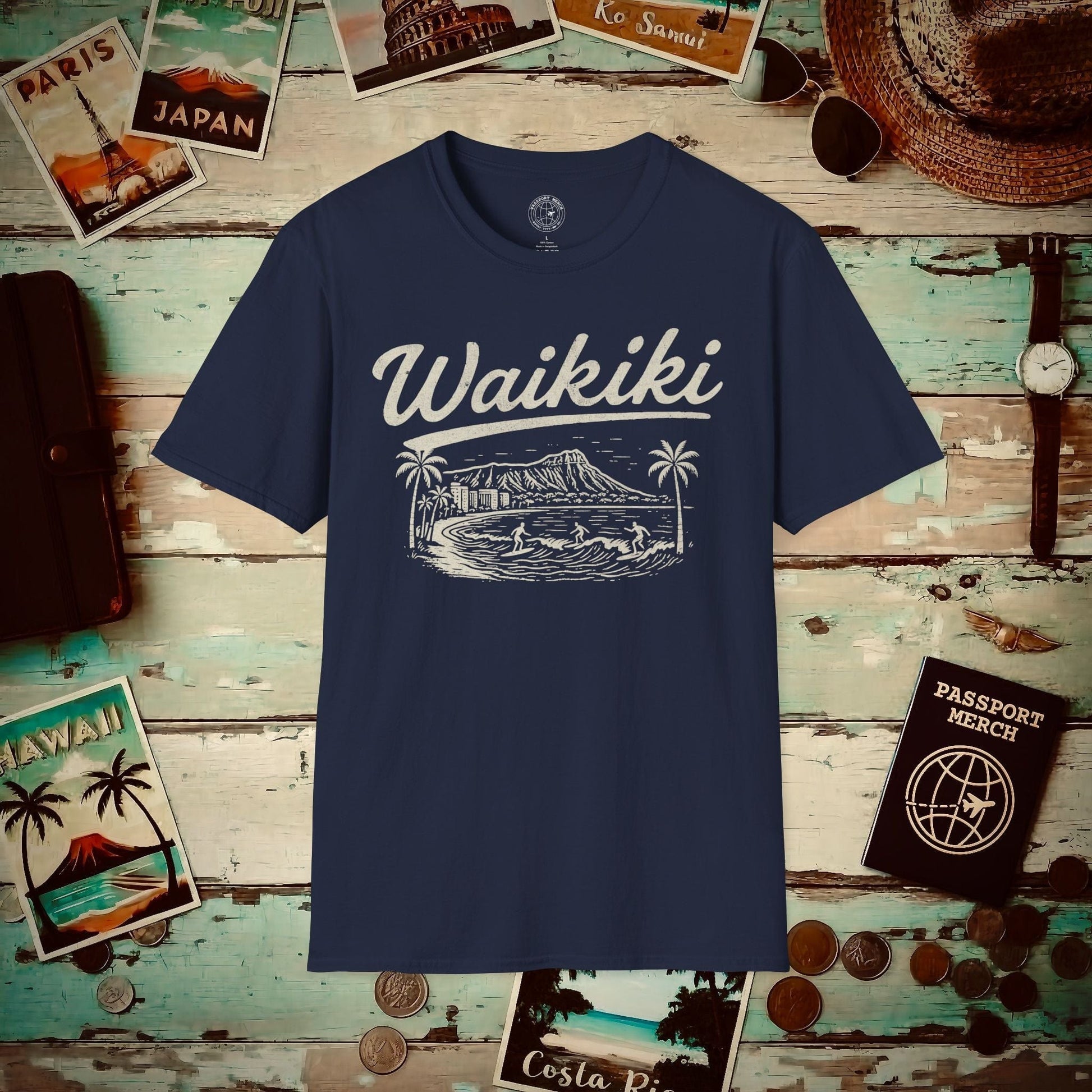 Monochrome Dreams of Waikiki, Hawaii T-Shirt Navy / S